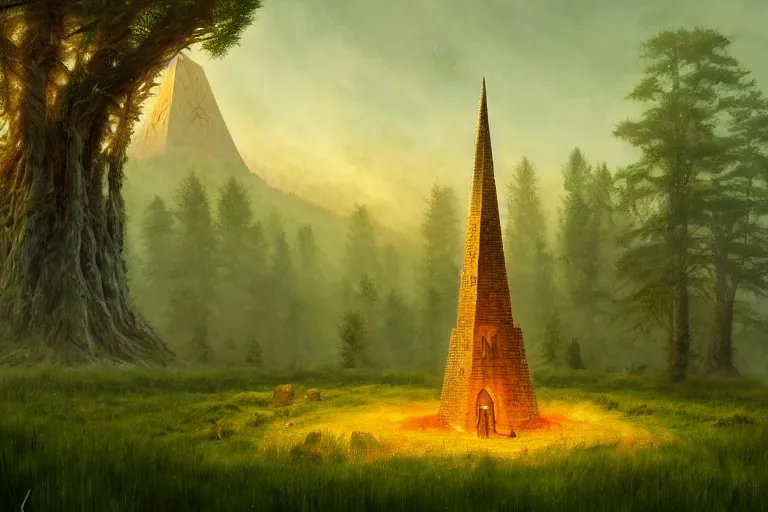 Prompt: a wizard's tower standing alone in a circle of trees, meadow, plains, wizard tower, golden runes, golden hieroglyphs, fantasy, artwork by Marc Simonetti, artwork by Ted Nasmith, Ted Nasmith and Marc Simonetti, 8K, D&D concept art, D&D wallpaper