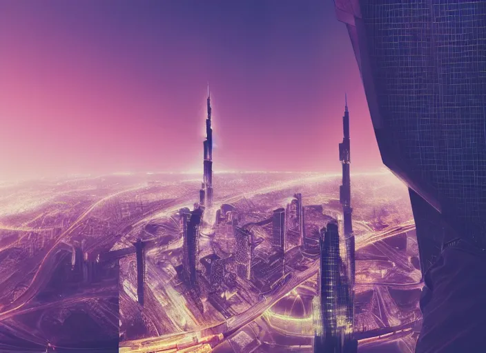 Image similar to closeup of a man [ standing on the pinnacle of the burj khalifa ]!!, holding a camera, viewing out into a [ futuristic cityscape ]!!, dusk atmosphere, digital art illustrated by max hay and greg rutkowski, [ 8 0 s neon art style ]!!, neon wallpaper!!, golden ratio!!, centered!!