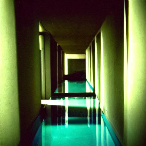 Image similar to Beautiful cameraphone 2005 soft liminal Photograph of an infinite dark colored hallway pool