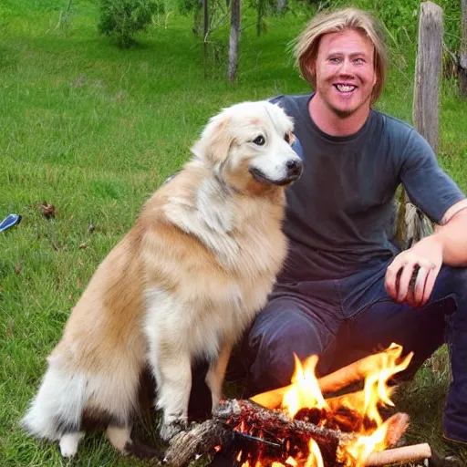 Prompt: photo of hillbilly with long blonde hair and an australian shepherd dog around a bonfire, symmetric face