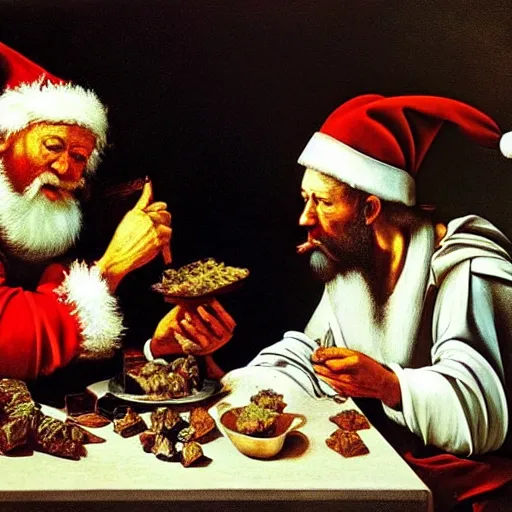 Prompt: Father Christmas eating Turkish Delight. Painted by Caravaggio