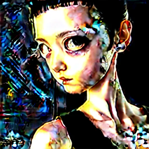 Image similar to girl with morbid thoughts wearing a black spring dress with short hair with bangs, she is thequeen of sharp needles, under the effect of psychosis and euphoria, by Range Murata, Katsuhiro Otomo, Yoshitaka Amano, and Artgerm. 3D shadowing effect, 8K resolution.