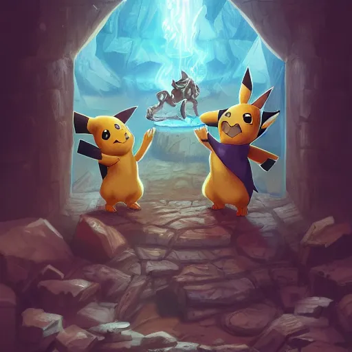 Prompt: Pikachu, squirtle and a lion in a mysterious dungeon, artstation, concept art, smooth, sharp focus, illustration, ArtStation