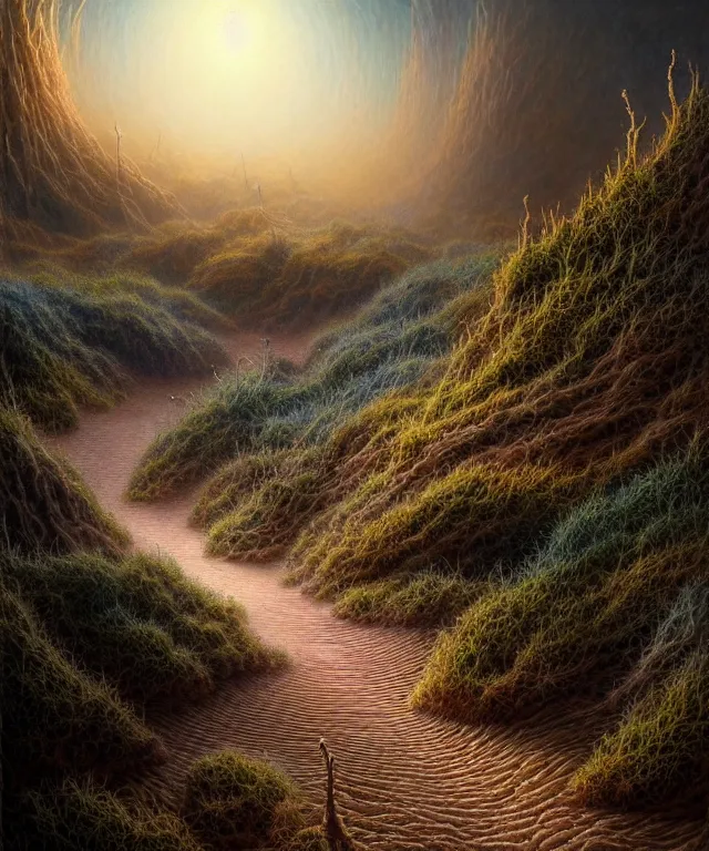Prompt: hyperrealistic mixed media painting of a dirt trail across a fantasy landscape, stunning 3d render inspired art by P. Craig Russell and Barry Windsor-Smith + dim volumetric lighting, dizzy, full body, 8k octane beautifully detailed render, post-processing, extremely hyperdetailed, intricate, epic composition, grim yet sparkling atmosphere, cinematic lighting + masterpiece, trending on artstation, very very detailed, masterpiece, stunning