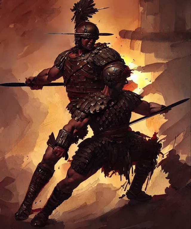 Image similar to muscular roman soldier with sword by simon bisley and greg rutkowski, full body armor! dynamic battle pose vivid color scheme