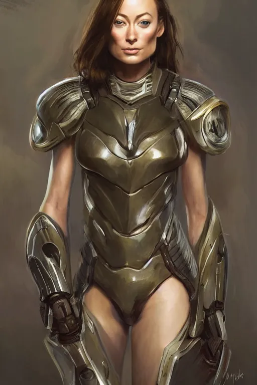 Image similar to a professional painting of a young Olivia Wilde, clothes in military armor, olive skin, long dark hair, beautiful bone structure, symmetrical facial features, intricate, elegant, digital painting, concept art, smooth, sharp focus, illustration, from StarCraft by Ruan Jia and Mandy Jurgens and Artgerm and William-Adolphe Bouguerea