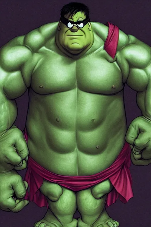 Image similar to Peter Griffin as Hulk, Hulk costume, Peter Griffin hairstyle, Hulk body type, Peter Griffin Face, calm, grumpy, portrait, masculine figure, highly detailed, digital painting, artstation, concept art, smooth, sharp focus, illustration, cinematic lighting, art by artgerm and greg rutkowski and alphonse mucha