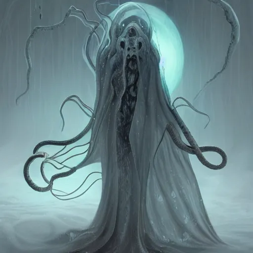 Image similar to concept designs for an ethereal ghostly wraith like figure with a squid like parasite latched onto its head and long tentacle arms that flow lazily but gracefully at its sides like a cloak while it floats around a frozen rocky tundra in the snow searching for lost souls and that hides amongst the shadows in the trees, this character has hydrokinesis and electrokinesis for the resident evil village video game franchise with inspiration from the franchise Bloodborne and the mind flayer from stranger things on netflix in the style of a marvel comic