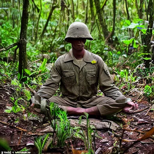 Image similar to us soldier in vietnam era clothes, meditating above the ground in a dense jungle, eyes are bright lights, mystical fog surrounds them, spooky