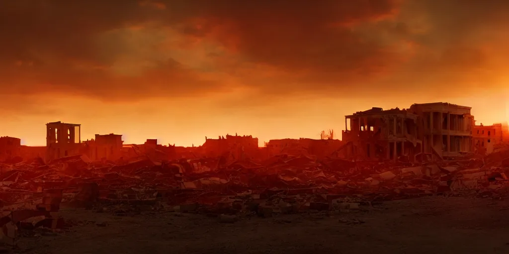 Prompt: a film still landscape by roger deakins - a destroyed city, 3 5 mm lens, early morning, dramatic lighting, cinematography, sunset red and orange, cinematic, global illumination, highly detailed, photorealistic