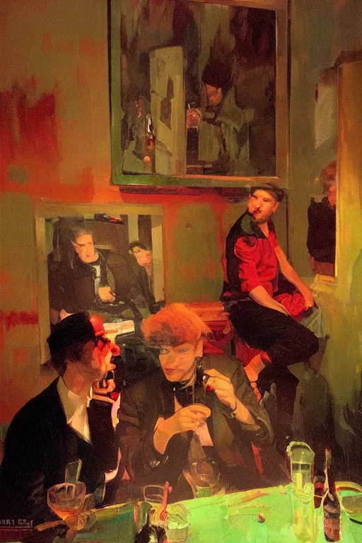 Image similar to punk rockers drinking brutal and raw wine, inside a tiny green room with red lights by joaquin sorolla, greg rutkowski, bill sienckiwicz, extremely detailed