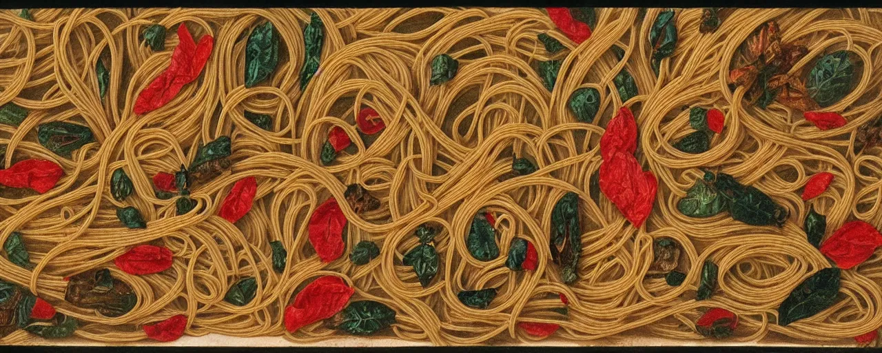 Prompt: ancient manuscripts detailing spaghetti, in the style of grimm's fairytales, fine detail, kodachrome