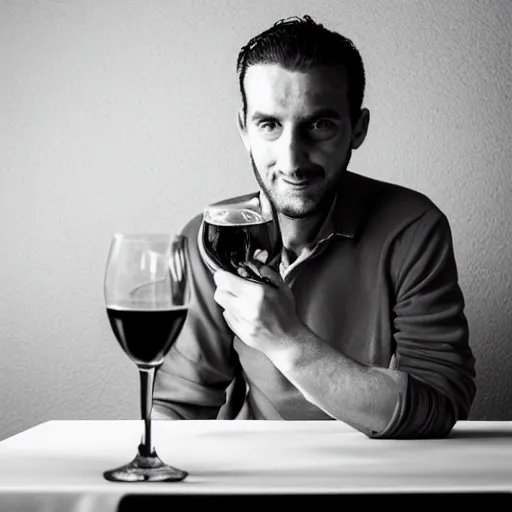 Image similar to portrait of a 3 0 years old frenchman in 2 0 2 0 seated at a table with a bottle of wine. award winning photography, 5 0 mm, studio lighting, black and white, contrasted.