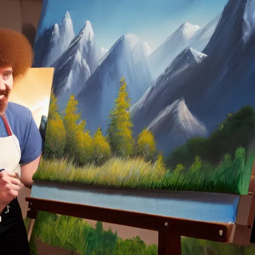 Image similar to a closeup photorealistic photograph of bob ross working on a canvas painting of spiderman. film still. brightly lit scene. mountains and trees. this 4 k hd image is trending on artstation, featured on behance, well - rendered, extra crisp, features intricate detail, epic composition and the style of unreal engine.