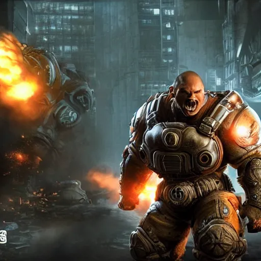 Prompt: Bowser in 'Gears of War', splash art, movie still, cinematic lighting, detailed face, dramatic, octane render, long lens, shallow depth of field, bokeh, anamorphic lens flare, 8k, hyper detailed, 35mm film grain