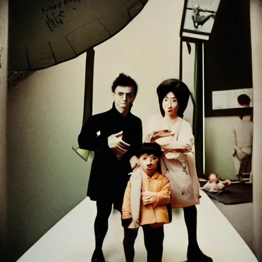 Image similar to photoshoot of friendly cyclops lookbook in Tokyo, color film photography, portrait of a beautiful family in style of Doisneau, 35mm, ektachrome