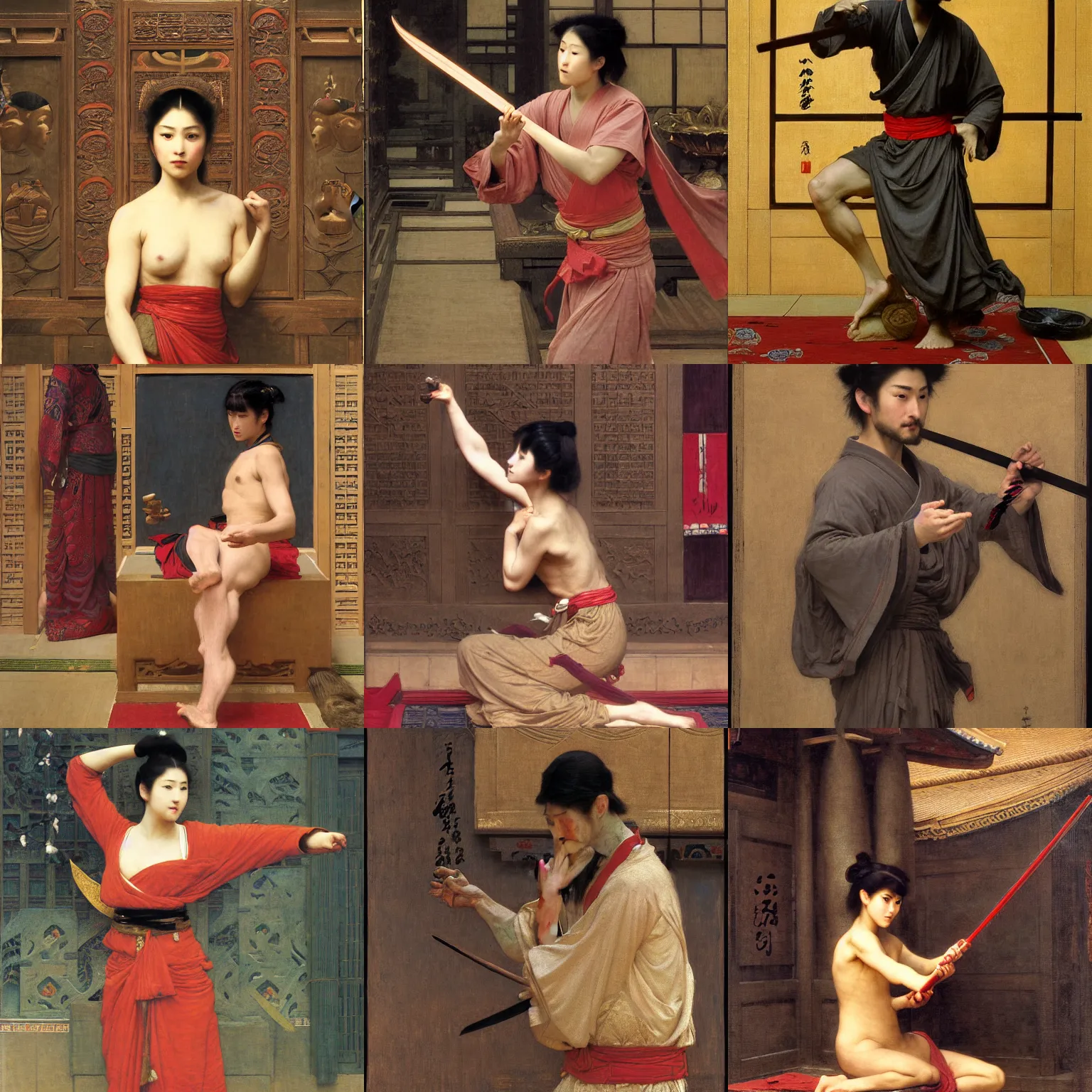 Prompt: orientalist portrait of a ninja casting a spell in a japanese temple intricate portrait by john william waterhouse and Edwin Longsden Long and Theodore Ralli and William-Adolphe Bouguereau, very coherent symmetrical artwork. Cinematic, hyper realism, high detail 8k