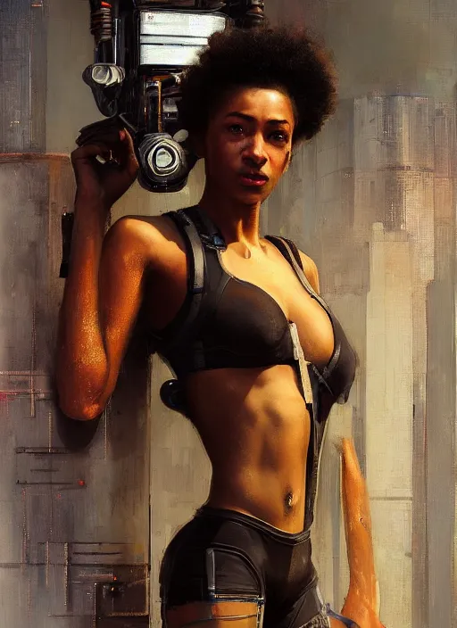 Image similar to Sophie Igwe. Buff Beautiful Cyberpunk mechanic with robotic legs. (Cyberpunk 2077, bladerunner 2049). Gorgeous face. Iranian orientalist portrait by john william waterhouse and Edwin Longsden Long and Theodore Ralli and Nasreddine Dinet, oil on canvas. Cinematic, vivid colors, hyper realism, realistic proportions, dramatic lighting, high detail 4k