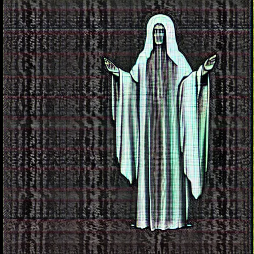 Image similar to vhs static overlay of marian apparition, vhs, 1 9 9 0, highly realistic, highly detailed, vhs noise static, black and white, vhs glitch