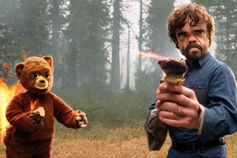 Image similar to peter dinklage holding a flare fighting smokey the bear, movie still, from the new sleepaway camp movie, 8 k, realistic