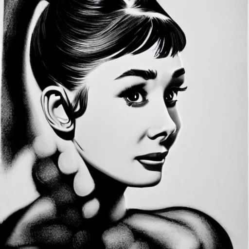 Image similar to audrey hepburn, head and shoulders portrait, extremely detailed masterpiece, one single continues line.