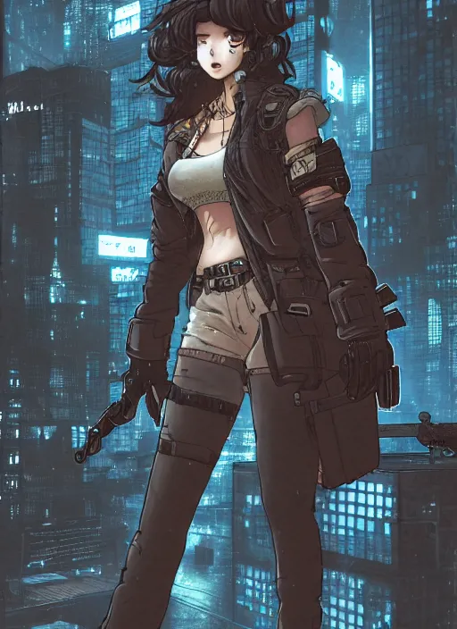 Image similar to character portrait of a female anthro hyena fursona with a cute beautiful attractive furry face and long black curly hair wearing a bulletproof vest in a cyberpunk city at night while it rains. hidari, color page, tankoban, 4K, tone mapping, Akihiko Yoshida.