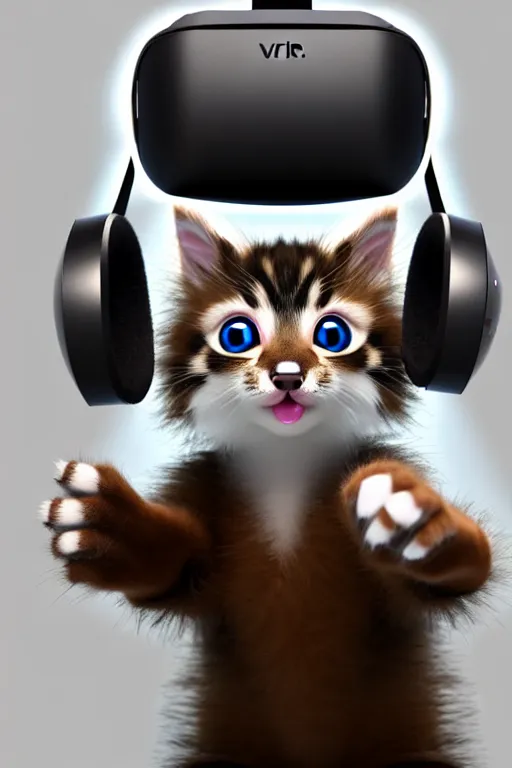 Prompt: high quality 3 d render very cute fluffy! kitten wearing a vr headset and holding vr controllers in paws, highly detailed, unreal engine cinematic smooth, uhd 8 k, sharp focus,