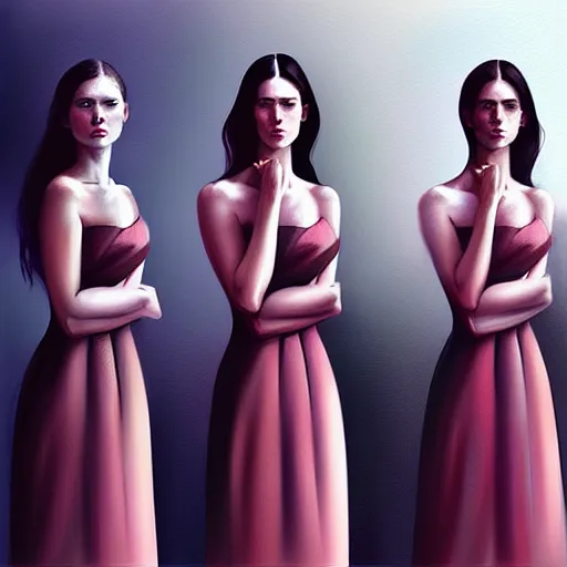 Prompt: “ a row of identical pretty women, photorealistic, in the style of greg rutkowski, digital painting, high quality ”