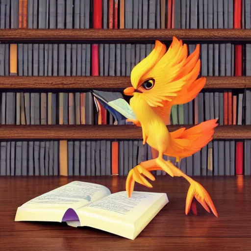 Prompt: a phoenix fledgling learning to read in a library #digital-art #3D #Render #Raytracing #Cute #Adorable #Anime