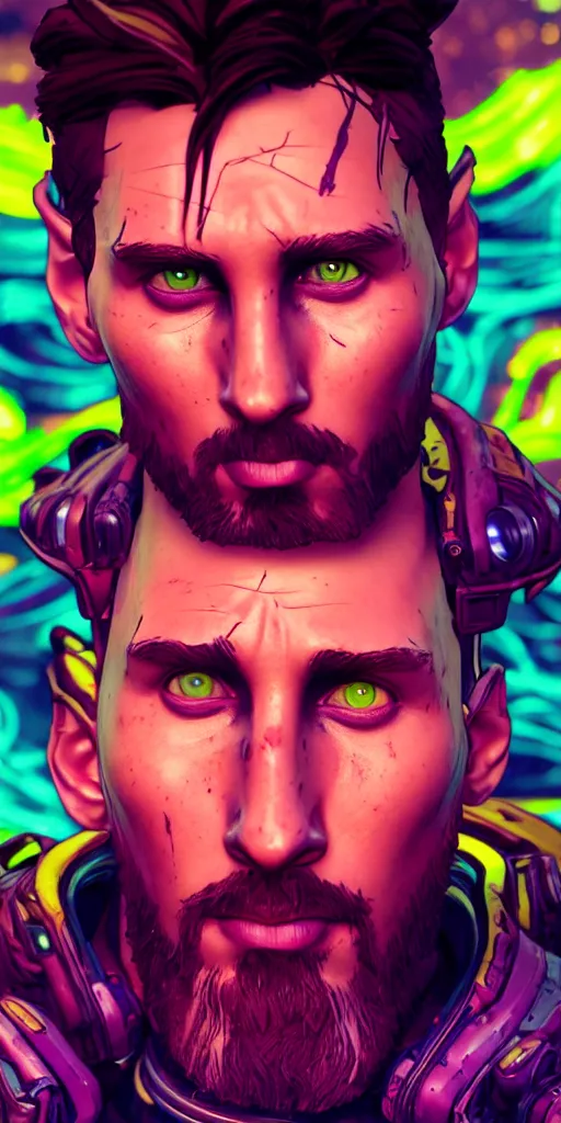 Image similar to glowwave portrait of messi from borderlands 3, au naturel, hyper detailed, digital art, trending in artstation, cinematic lighting, studio quality, smooth render, unreal engine 5 rendered, octane rendered, art style by klimt and nixeu and ian sprigger and wlop and krenz cushart.