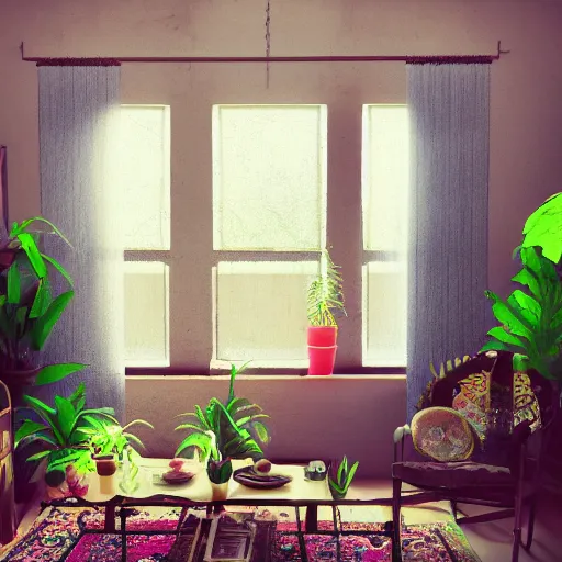 Prompt: 1 9 6 9 living in an older house, hippie pad, hippie chic, antiques, tropical houseplants, beaded curtains, posters on the walls, persian rugs, artstation, octane, 8 k, mildly desaturated.