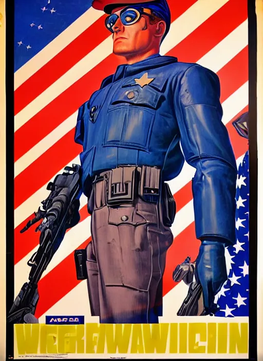 Image similar to american propaganda poster. cyberpunk police trooper. portrait by jean giraud and anton otto fischer and john philip falter and will eisner and gil elvgren. realistic proportions. character art. science fiction d & d. tf 2, overwatch.