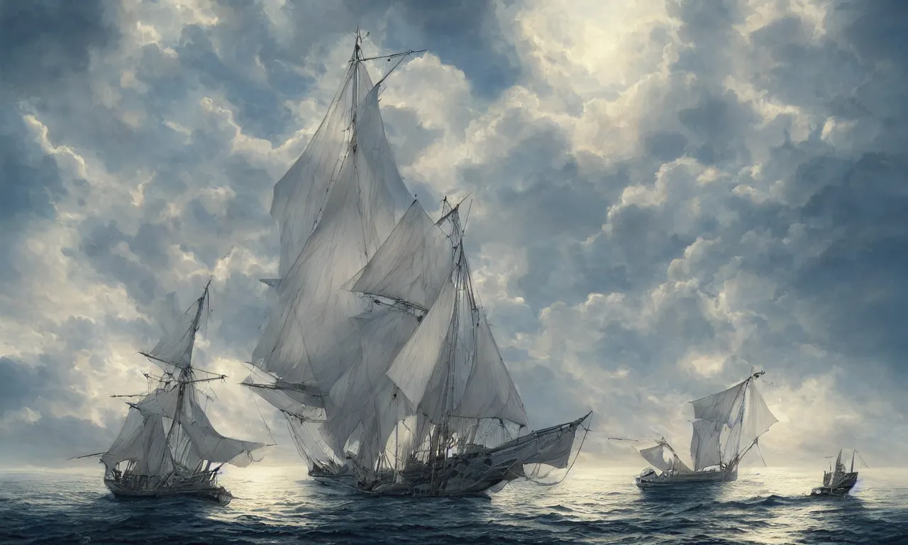 Image similar to a beautiful digital painting of a white caravel in the clouds, birds flying in the sunlight, numerous intricated sails, blue sky at sunset, elegant, highly detailed, artstation, concept art, matte, sharp focus, art by tom bagshaw, kelogsloops and greg rutkowski