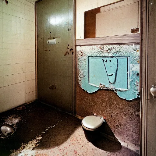 Prompt: hd photograph of a 1 9 6 0 s style home restroom, heavily soiled and damaged with age. the toilet bowl has broken and there is a thin layer of water covering the floor. in the bathtub there is a strange creature, made of liquid water, in the shape of a koifish.