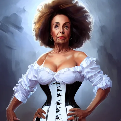 Image similar to cute black nancy pelosi wearing a white corset dress, fantasy, intricate, highly detailed, digital painting, artstation, concept art, wallpaper, smooth, sharp focus, illustration, art by artgerm and greg rutkowski and alphonse mucha