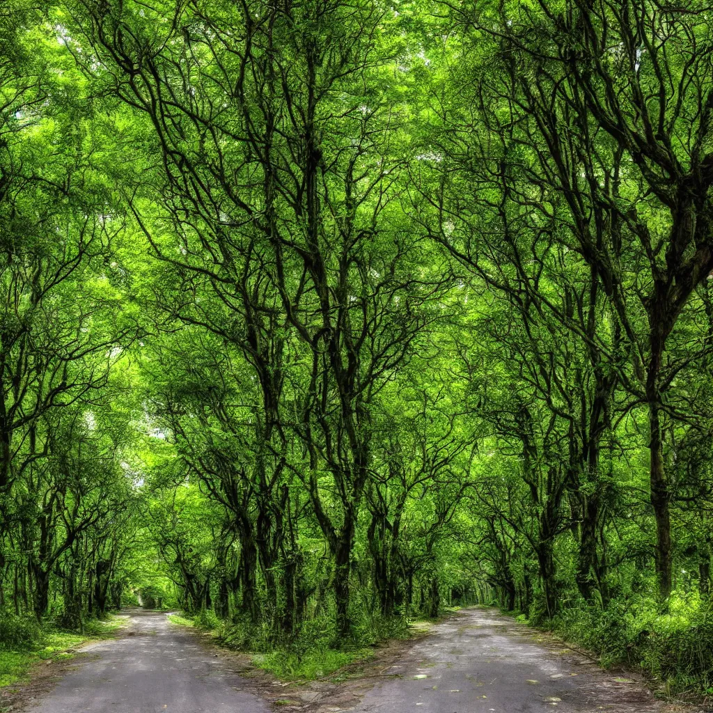 Prompt: a street overgrown with a lush forest