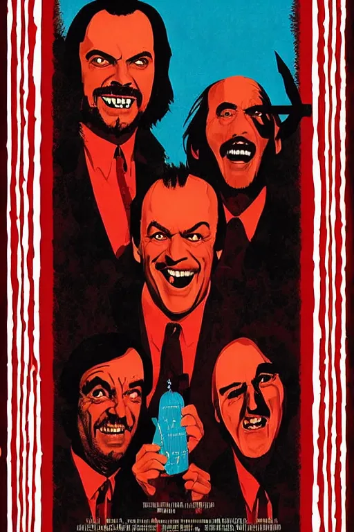 Image similar to a movie poster for the film the shining designed by reynold brown featuring a prominent portrait of jack nicholson and a stylised fireaxe in the style of wes anderson.