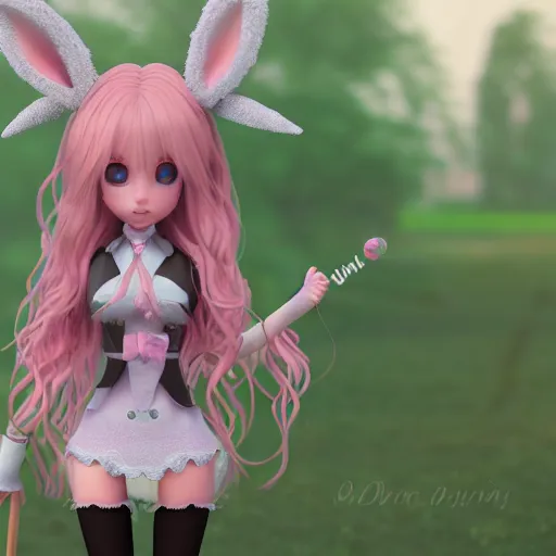 Image similar to ultrarealistic sweet bunny girl, intricate details, green eyes, 8K, long hair, fluffy, pink, lollipop, high octane render