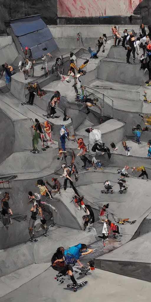 Image similar to oil painting scene skatepark with skaters and ramp by kim jung gi