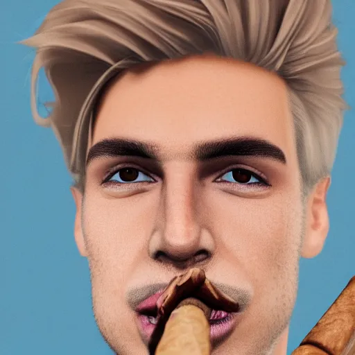 Image similar to a closeup photo of handsome gigachad xqc smoking a cigar, 8k photorealism, extremly detailed, trending on artstation