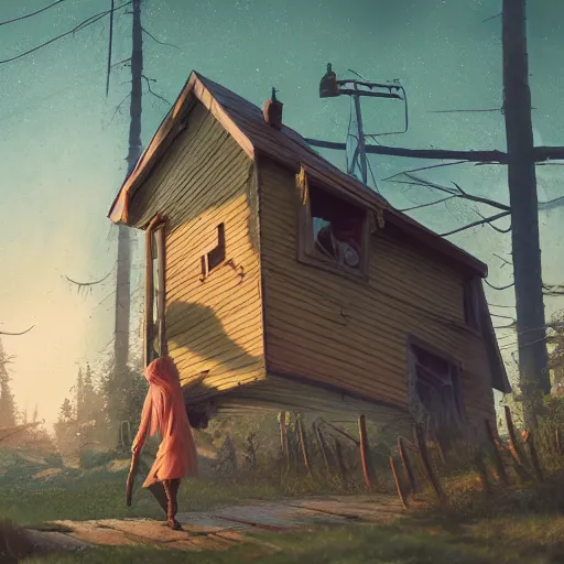 Image similar to woman leaving her wooden broken house by simon stålenhag, very highly detailed, award winning, rendered by Beeple, by Makoto Shinkai, syd meade, starwars, space art concept, digital art, unreal engine, blender, WLOP, trending on artstation, 4K UHD image, octane render