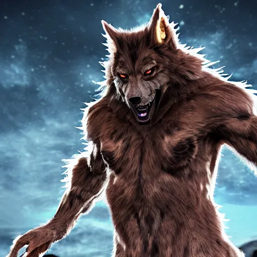 Prompt: man transforming into a werewolf at night, full body, anime style, hyper detailed, 8 k, unreal engine, realistic brown fur, full moon background