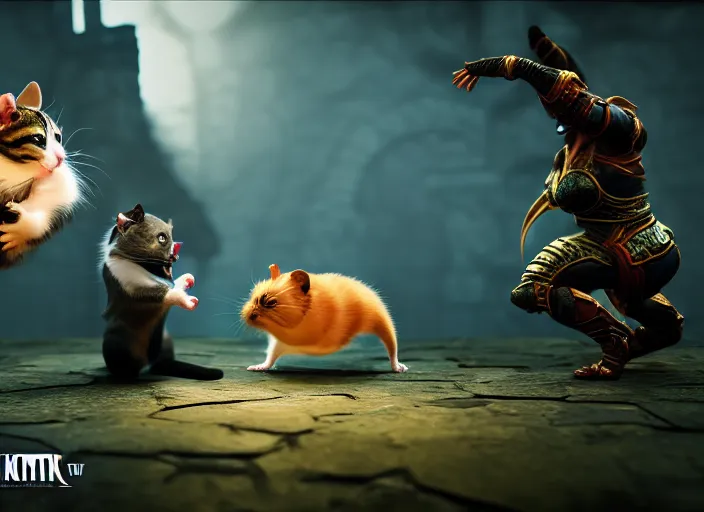 Prompt: hamster fights a cat in mortal kombat on the background of a laughing shao khan. fantasy magic style. highly detailed 8 k. intricate. lifelike. soft light. sony a 7 r iv 5 5 mm. unreal engine with nanite and path tracing