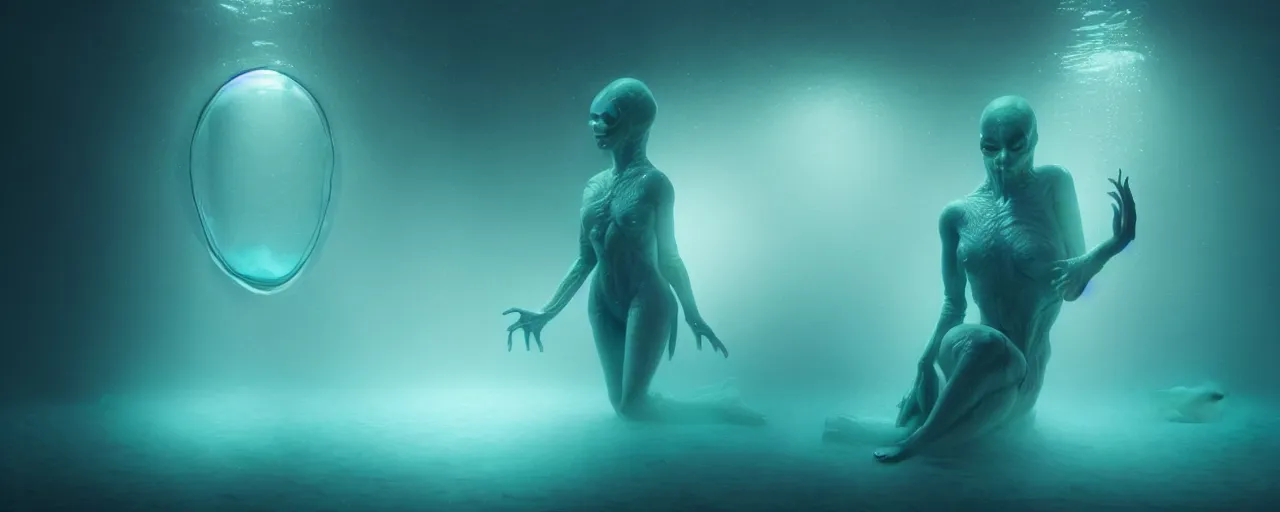 Image similar to ultra realistic horror photo of a dimly lit translucent female alien creature underwater, very intricate details, focus, full frame image, curvy, model pose, artwork by tooth wu and wlop and beeple and greg rutkowski, award winning