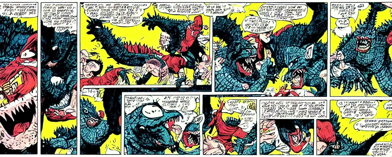 Prompt: godzilla slam dunking basketball on shaquille o'neil, marvel comic, 1 9 6 0's style, comic strip