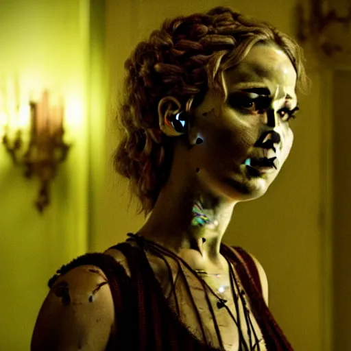 Prompt: jennifer lawrence as frankenstein's monster, color photography, sharp detail, still from the movie