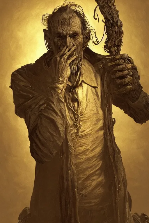 Prompt: portrait of a old vampire with long bear, intricate wrinkles, dystopian terror, night light, extremely detailed, hands, digital painting, lighting by candles, sculpted in zbrush, artstation, concept art, smooth, sharp focus, illustration, chiaroscuro lighting, golden ratio, incredible art by Stanley Artgerm Lau and Greg Rutkowski, composition by Alphonse Mucha and Simon Stalenhag