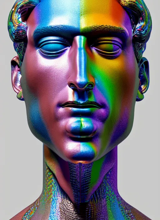 Prompt: stylized rainbow bismuth ornate statue full body made of marble of fabio, perfect symmetrical body, perfect symmetrical face, hyper realistic, hyper detailed, by johannen voss, by michelangelo, octane render, blender, 8 k, displayed in pure white studio room