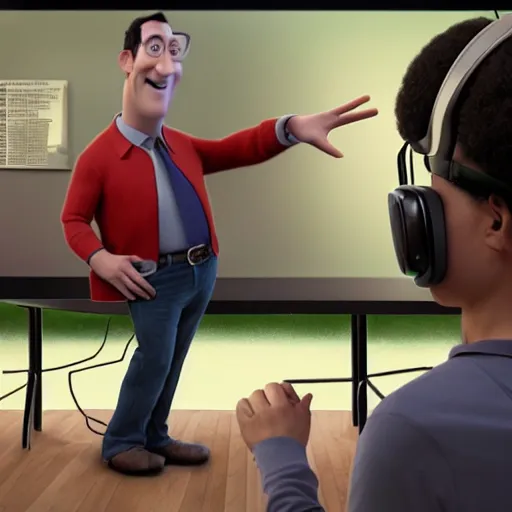 Image similar to realistic adult pixar character wearing virtual reality