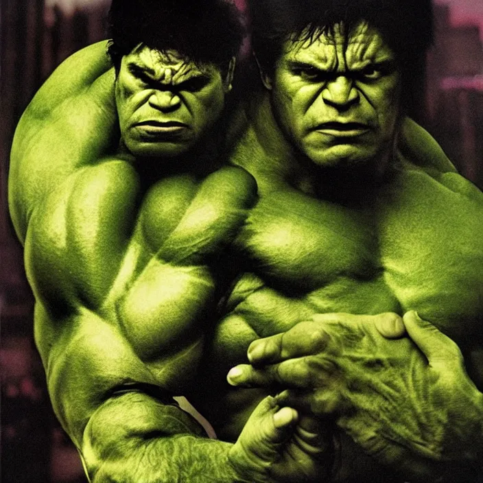 Image similar to a color photo portrait of the incredible hulk looking angry in new york city by richard avedon dramatic lighting.
